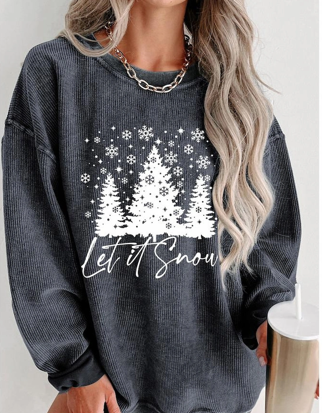 Gray Christmas Tree Flake Graphic Corded Sweatshirt, 4 of 3