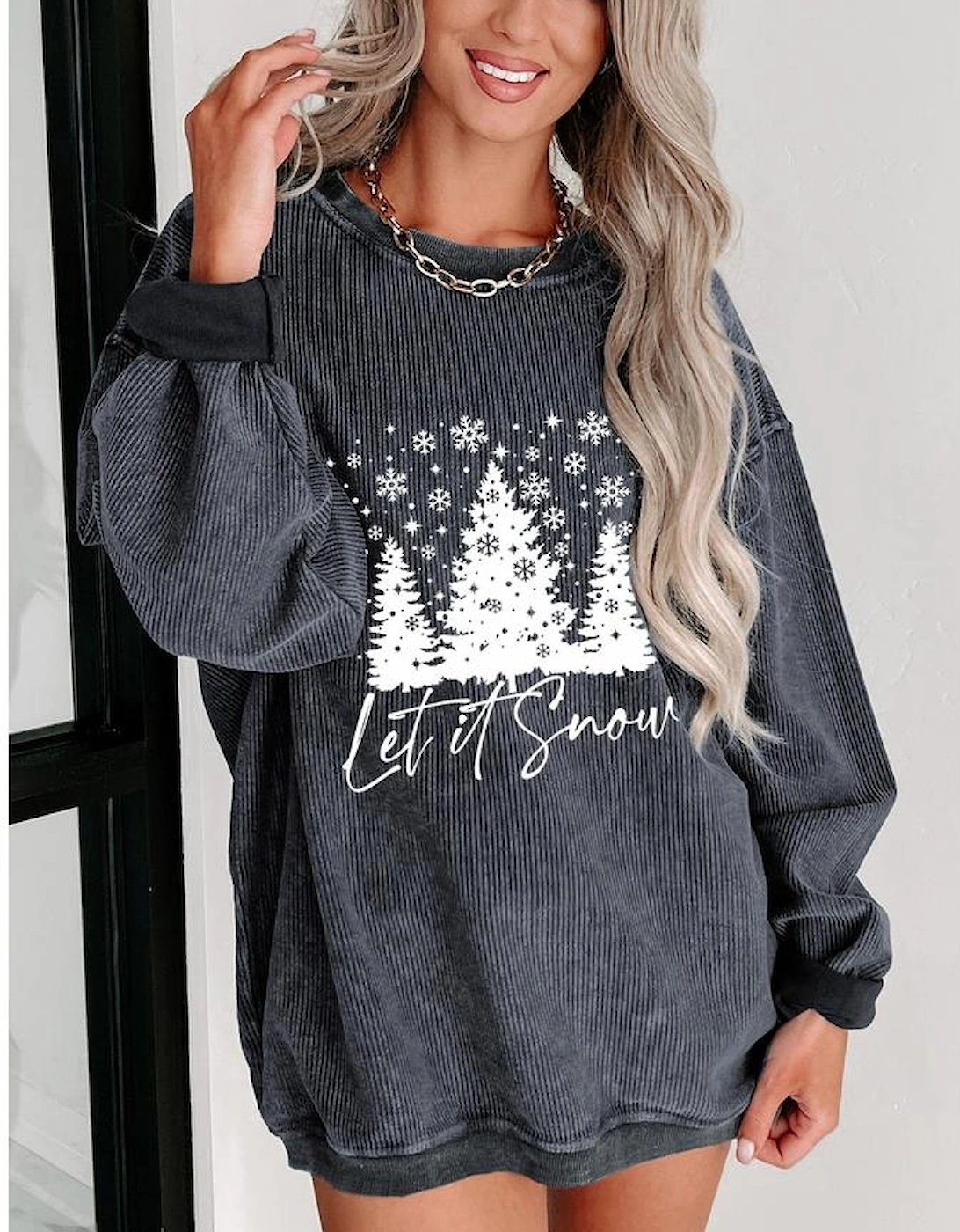 Gray Christmas Tree Flake Graphic Corded Sweatshirt