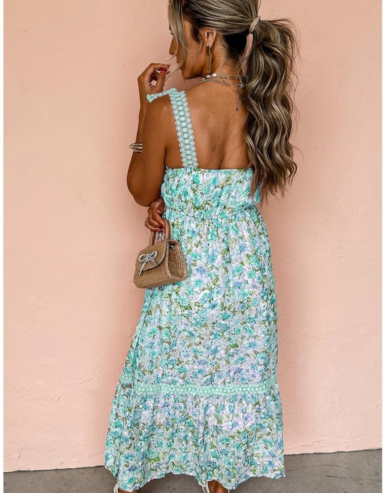 Green Floral Lace Tied Strap Empire Waist Maxi Dress
