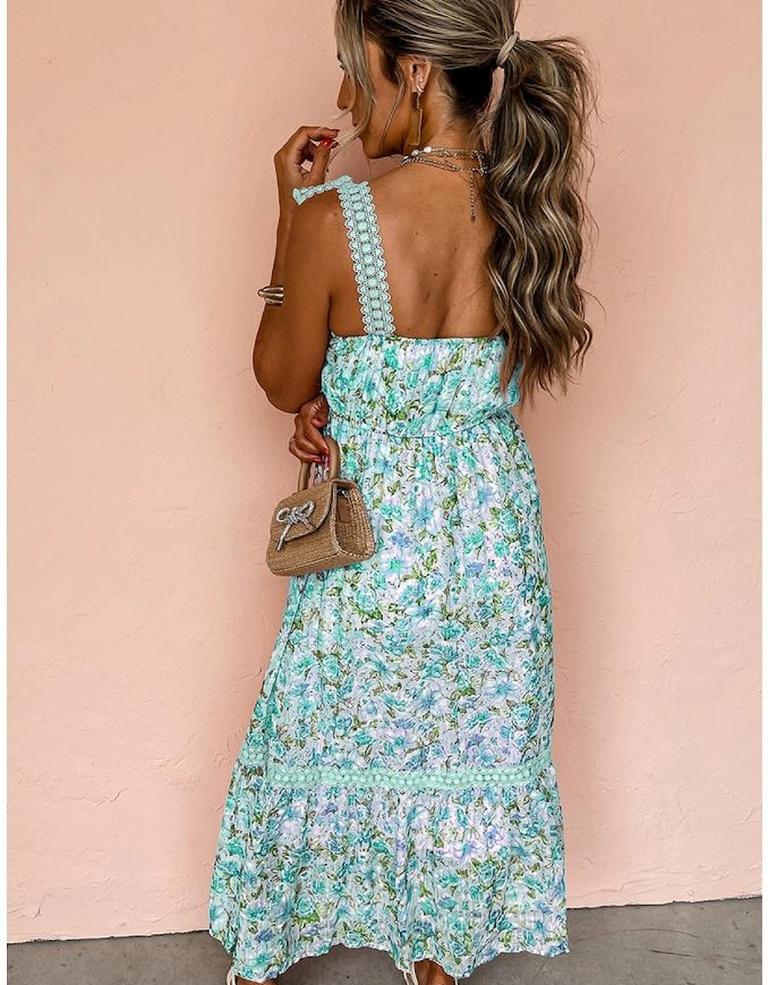 Green Floral Lace Tied Strap Empire Waist Maxi Dress, 6 of 5