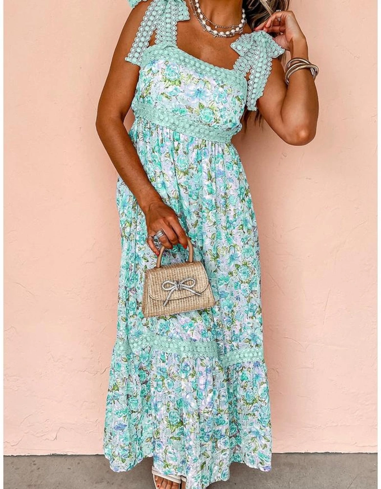 Green Floral Lace Tied Strap Empire Waist Maxi Dress