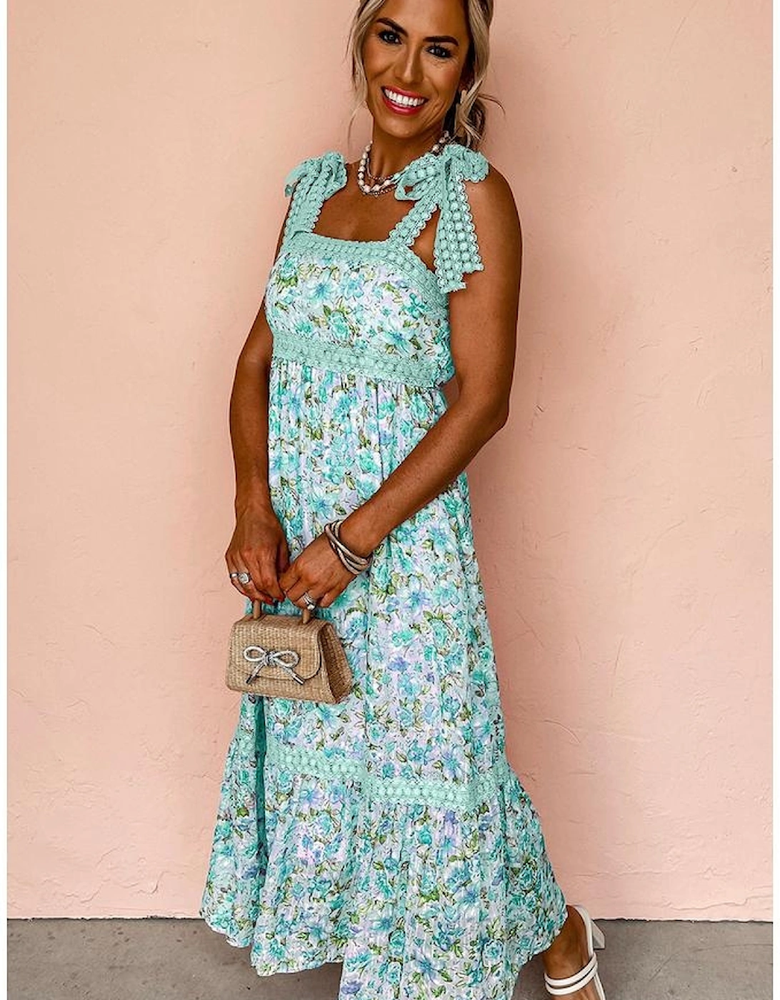 Green Floral Lace Tied Strap Empire Waist Maxi Dress