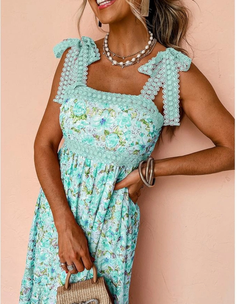 Green Floral Lace Tied Strap Empire Waist Maxi Dress