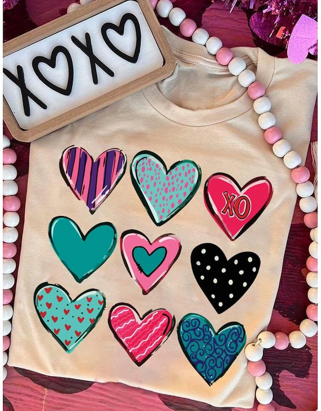 Khaki Valentines Multi Pattern Heart Shape Graphic T Shirt