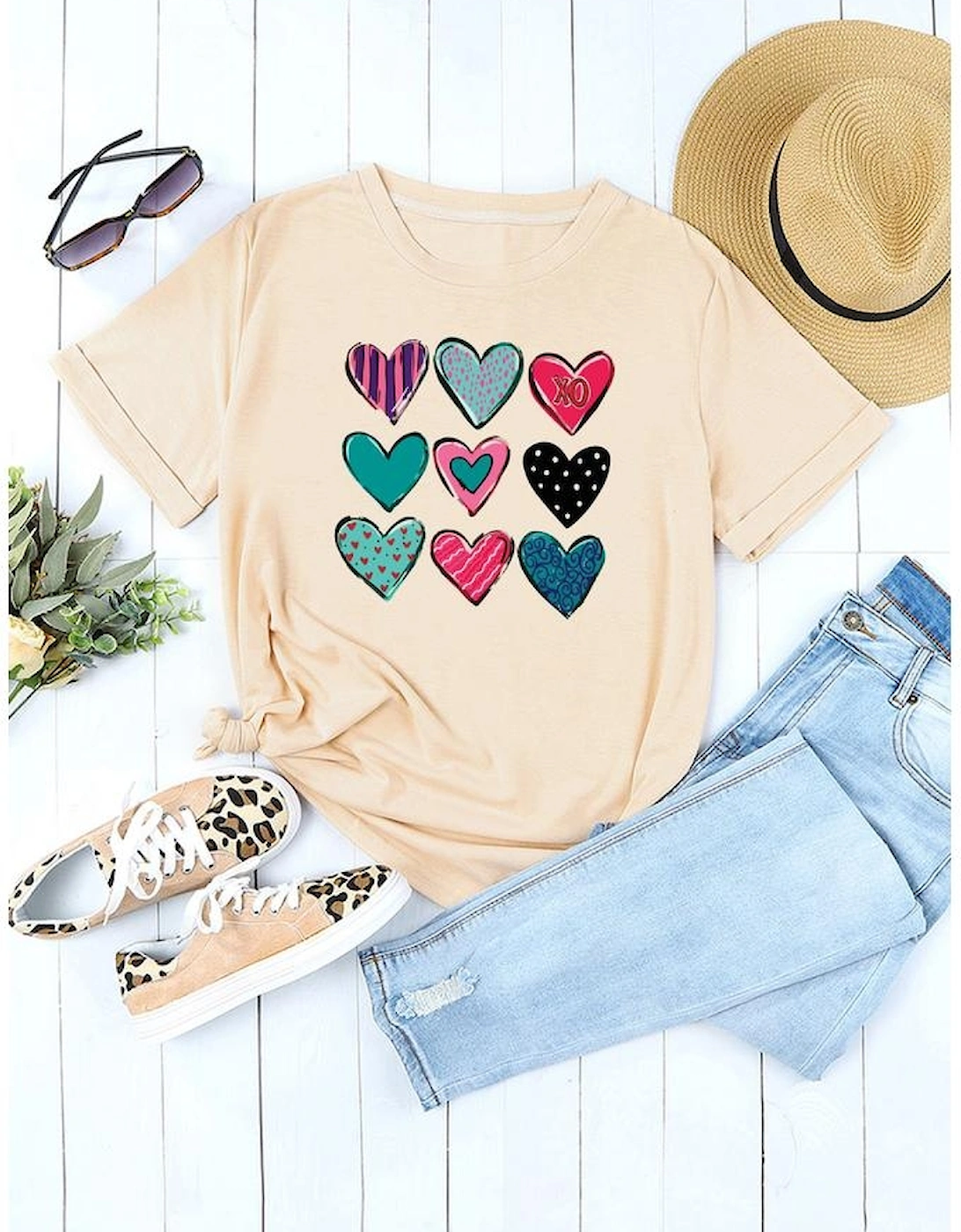 Khaki Valentines Multi Pattern Heart Shape Graphic T Shirt
