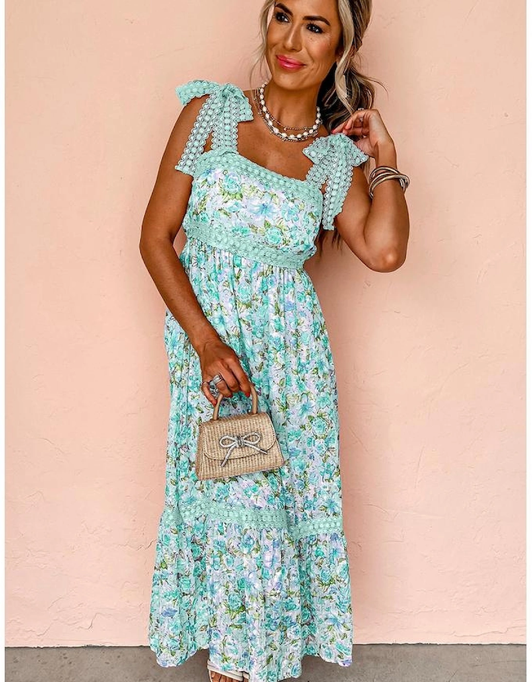 Green Floral Lace Tied Strap Empire Waist Maxi Dress