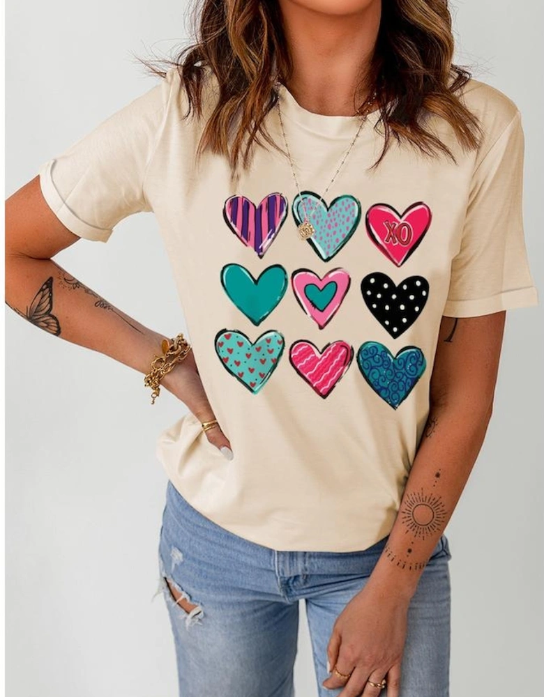 Khaki Valentines Multi Pattern Heart Shape Graphic T Shirt