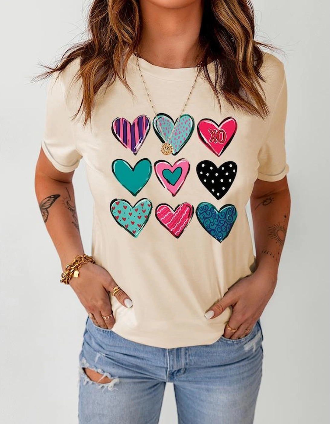 Khaki Valentines Multi Pattern Heart Shape Graphic T Shirt
