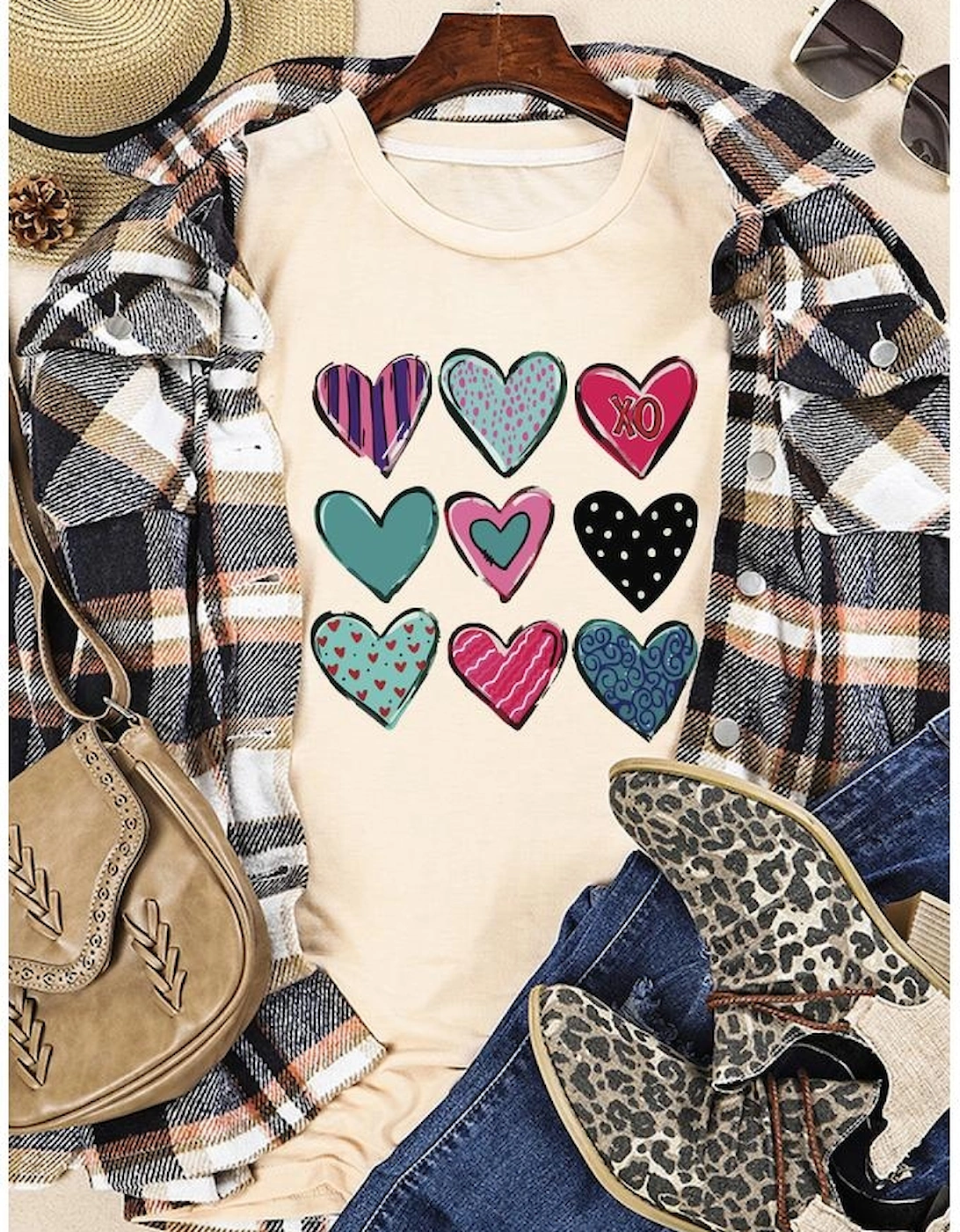 Khaki Valentines Multi Pattern Heart Shape Graphic T Shirt