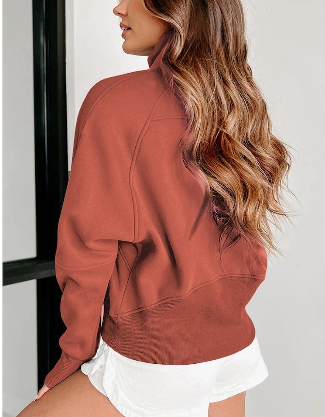 Flamingo Fleece Lined Zip Up Stand Collar Thumbhole Sleeve Sweatshirt