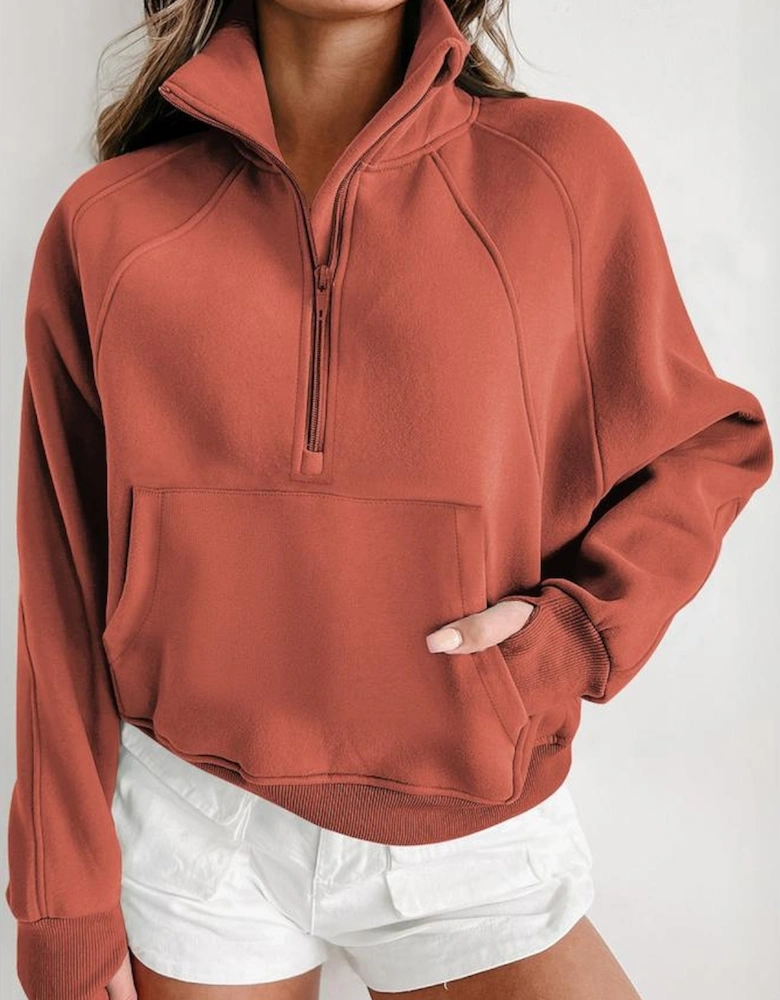 Flamingo Fleece Lined Zip Up Stand Collar Thumbhole Sleeve Sweatshirt