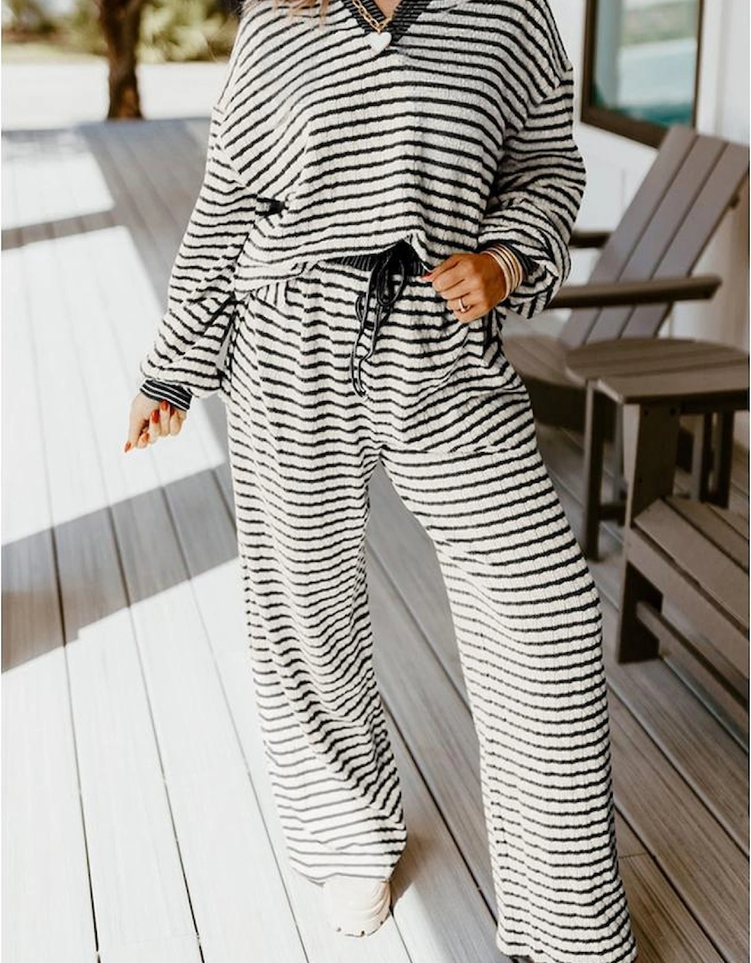 White Stripe Collared Pullover Top and Drawstring Pant Set