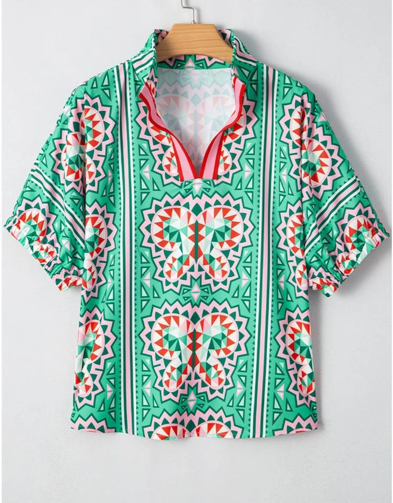 Sea Green Boho Abstract Print Contrast Striped Collared V Neck Blouse