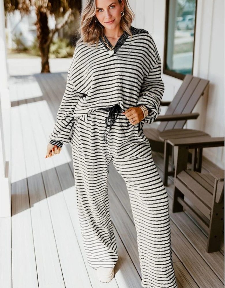 White Stripe Collared Pullover Top and Drawstring Pant Set
