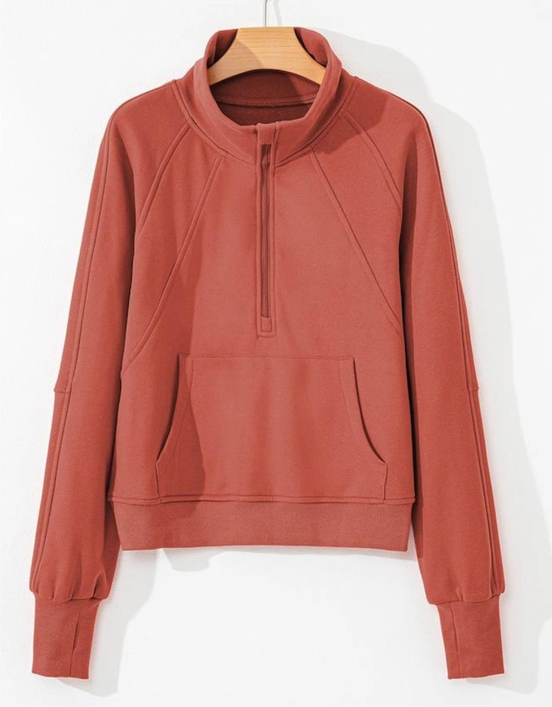 Flamingo Fleece Lined Zip Up Stand Collar Thumbhole Sleeve Sweatshirt