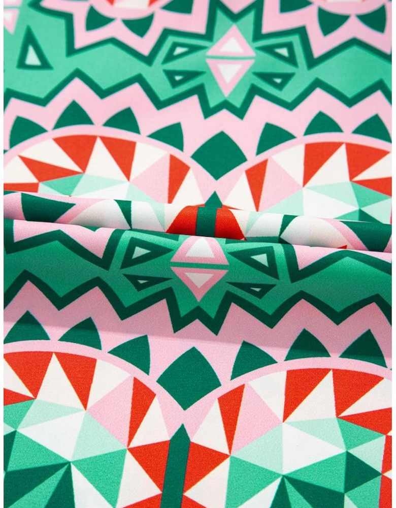 Sea Green Boho Abstract Print Contrast Striped Collared V Neck Blouse