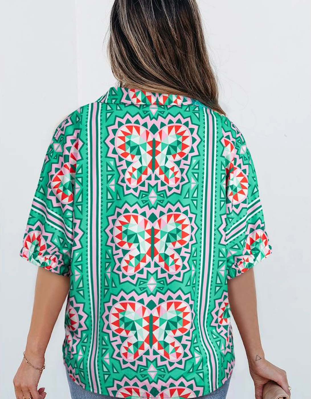 Sea Green Boho Abstract Print Contrast Striped Collared V Neck Blouse, 11 of 10