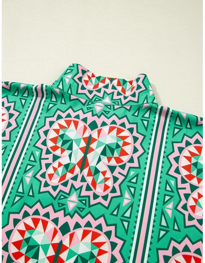 Sea Green Boho Abstract Print Contrast Striped Collared V Neck Blouse