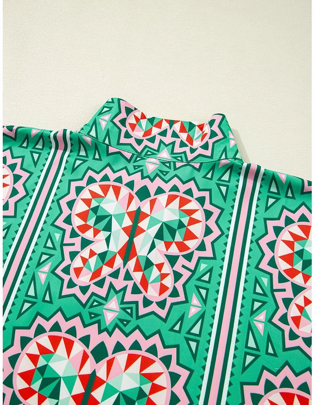 Sea Green Boho Abstract Print Contrast Striped Collared V Neck Blouse