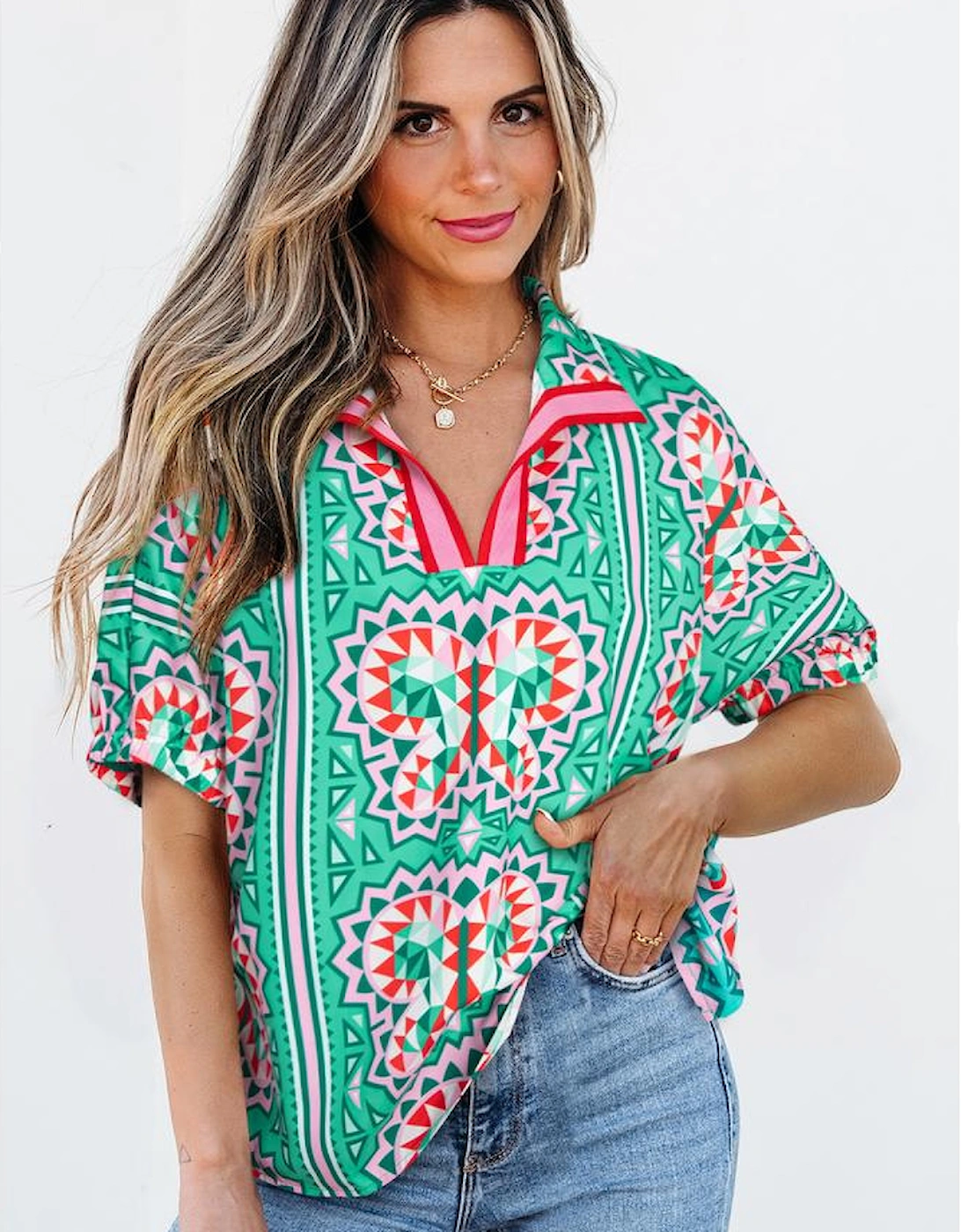 Sea Green Boho Abstract Print Contrast Striped Collared V Neck Blouse