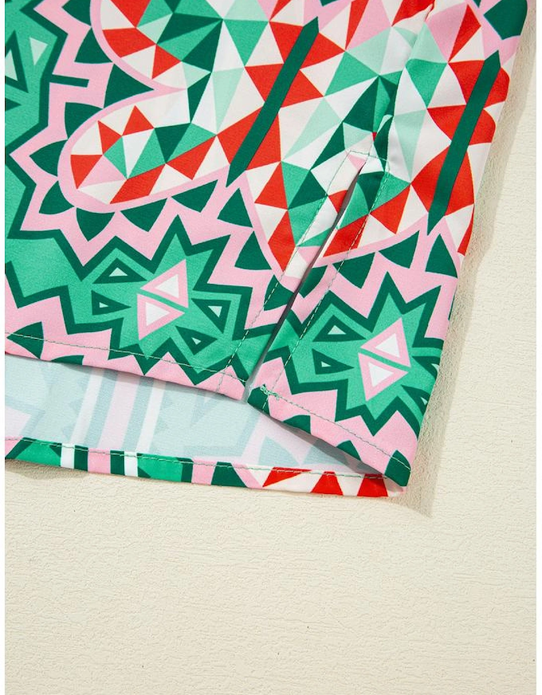 Sea Green Boho Abstract Print Contrast Striped Collared V Neck Blouse