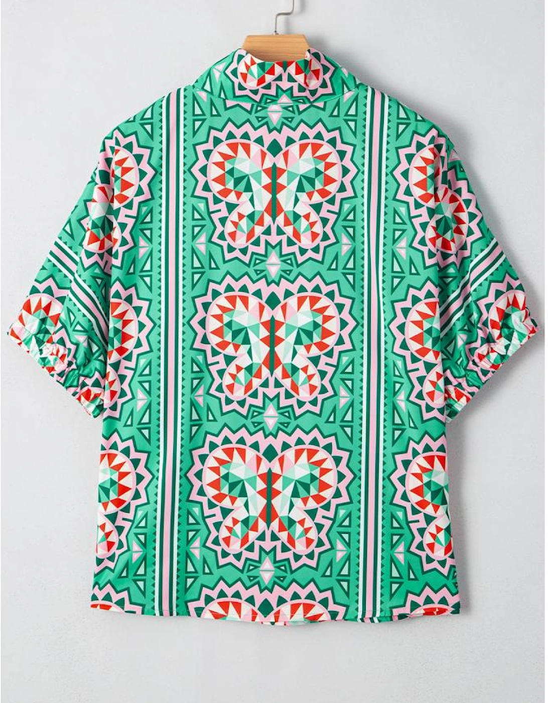 Sea Green Boho Abstract Print Contrast Striped Collared V Neck Blouse