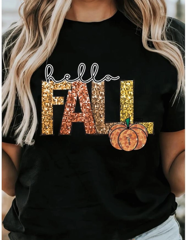 Black Hello Fall Letter Pumpkin Printed Thanksgiving T Shirt