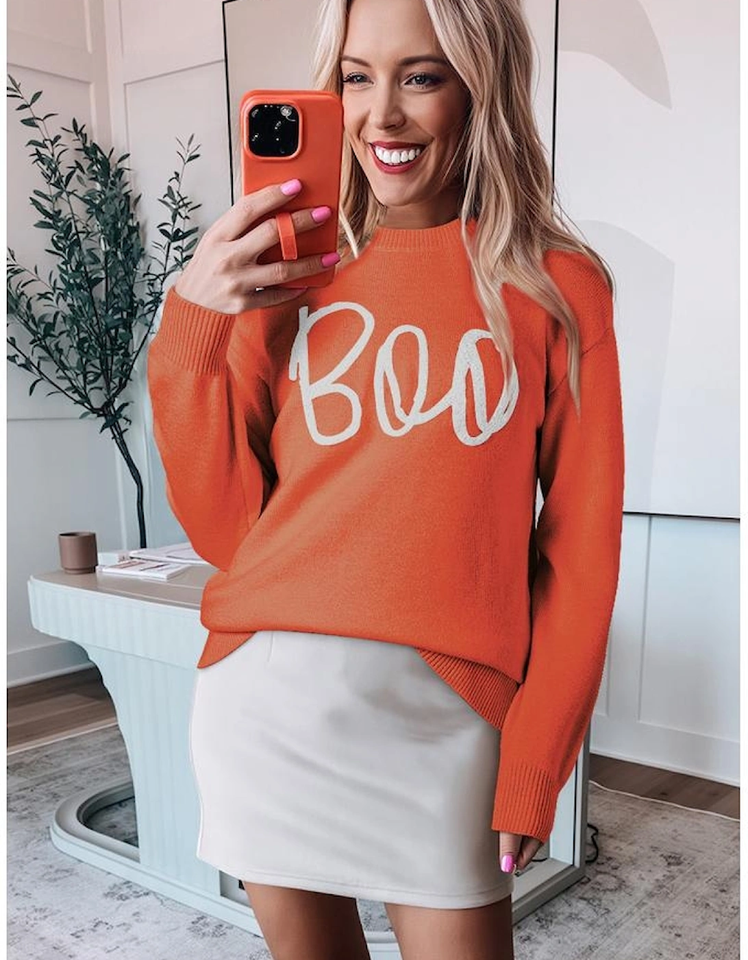 Orange Boo Knitted Pattern Ribbed Edge Drop Shoulder Sweater