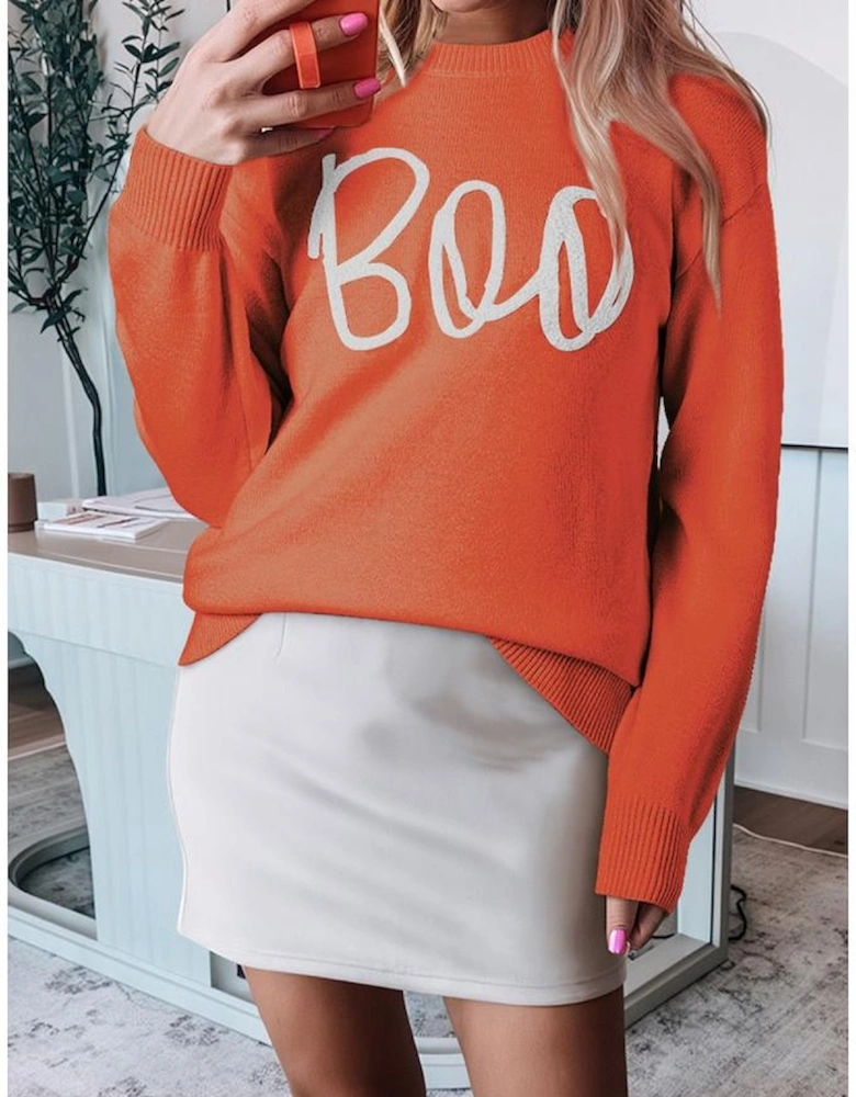 Orange Boo Knitted Pattern Ribbed Edge Drop Shoulder Sweater