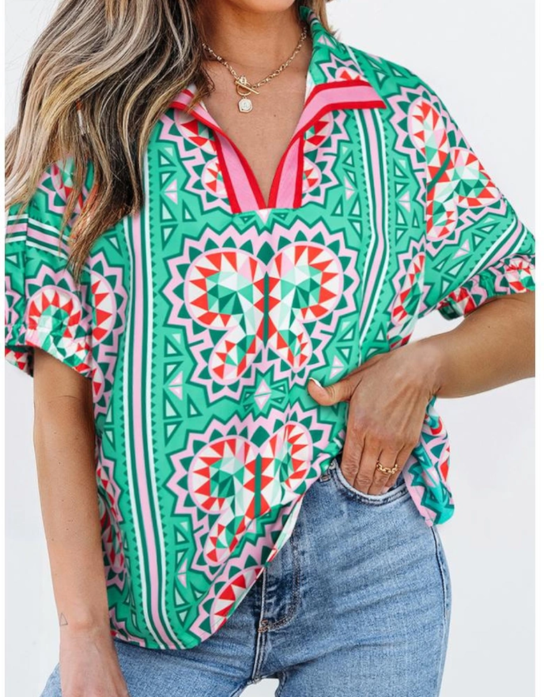 Sea Green Boho Abstract Print Contrast Striped Collared V Neck Blouse