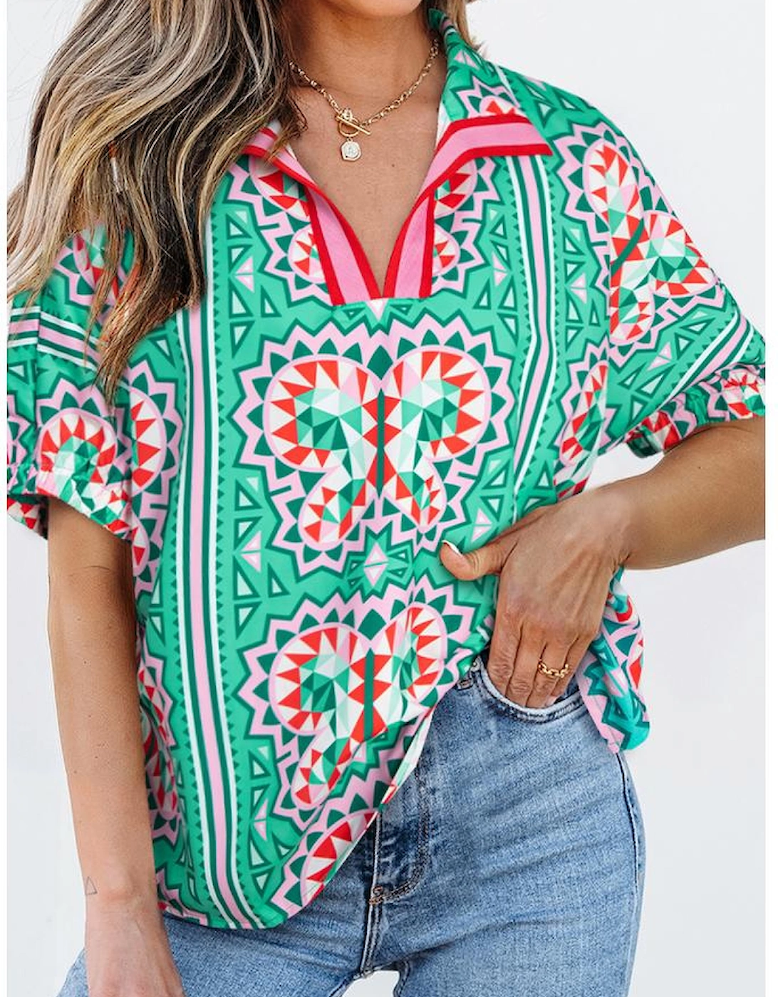 Sea Green Boho Abstract Print Contrast Striped Collared V Neck Blouse