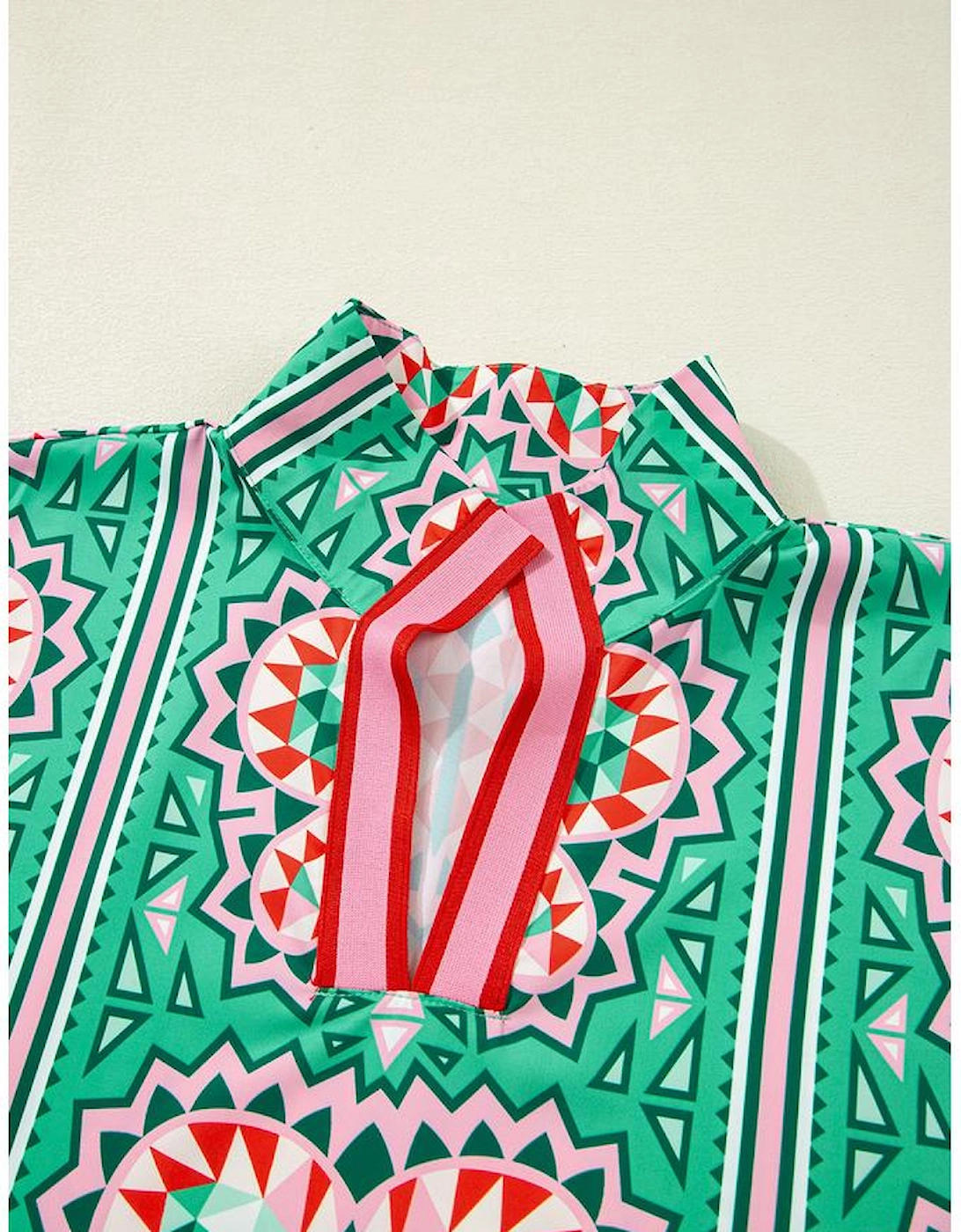 Sea Green Boho Abstract Print Contrast Striped Collared V Neck Blouse