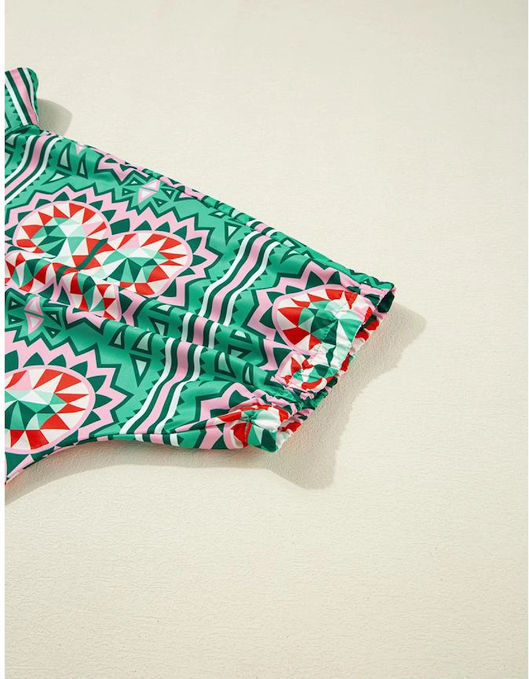 Sea Green Boho Abstract Print Contrast Striped Collared V Neck Blouse