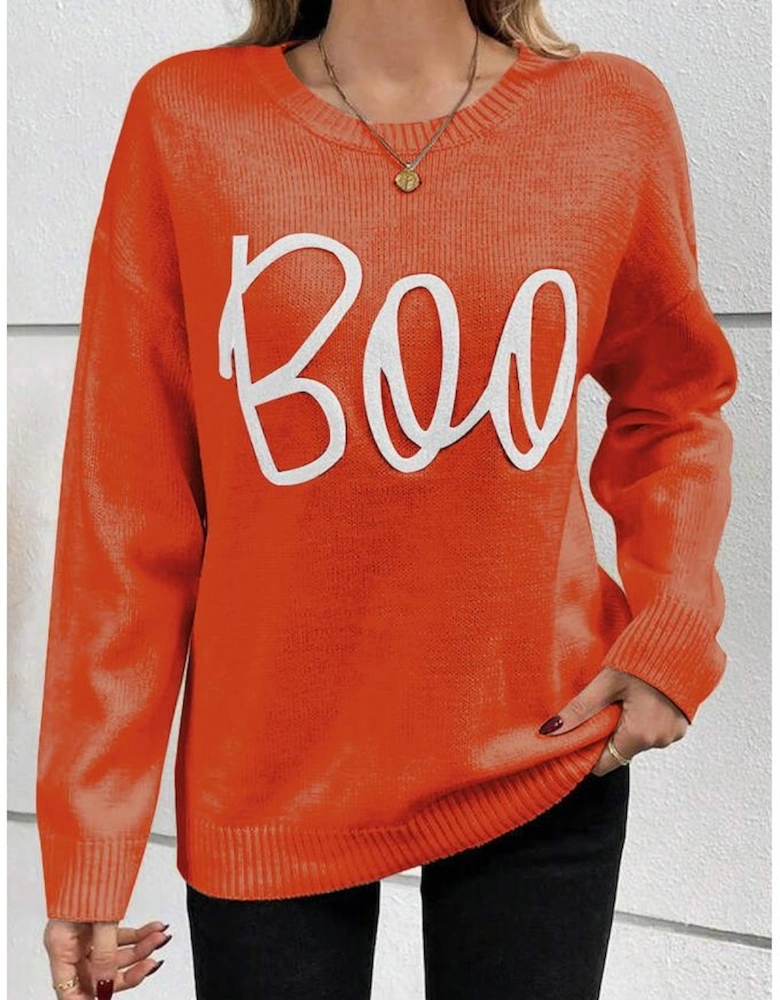 Orange Boo Knitted Pattern Ribbed Edge Drop Shoulder Sweater