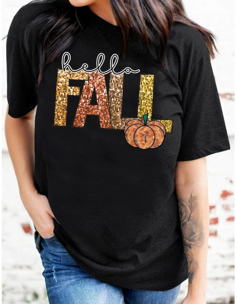 Black Hello Fall Letter Pumpkin Printed Thanksgiving T Shirt