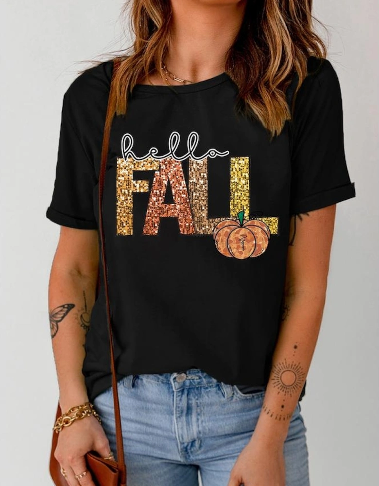 Black Hello Fall Letter Pumpkin Printed Thanksgiving T Shirt