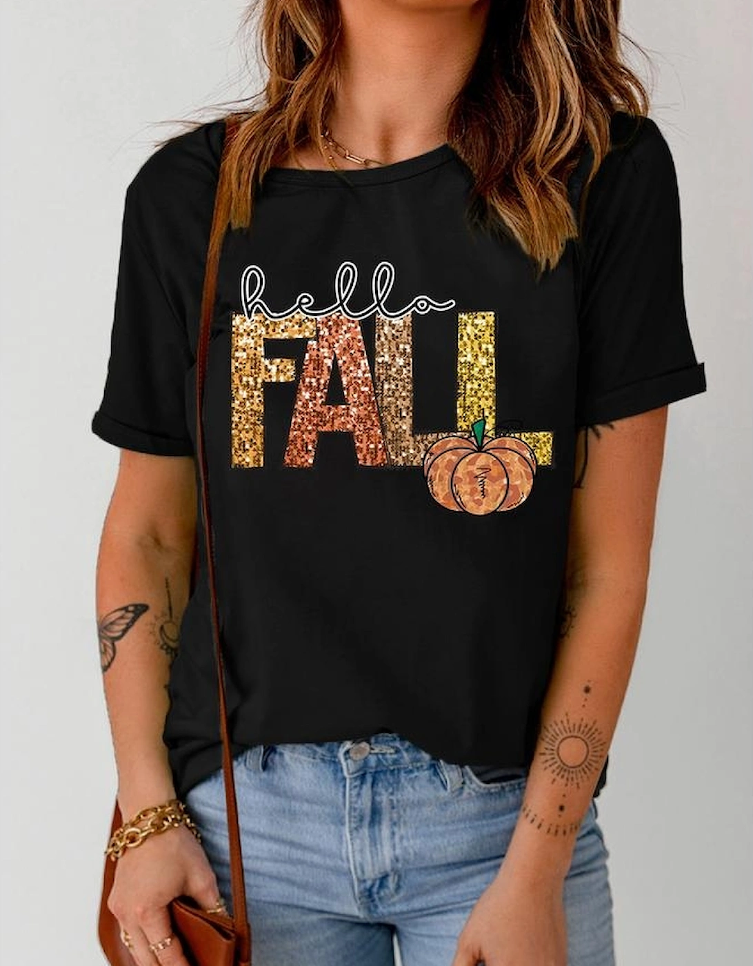 Black Hello Fall Letter Pumpkin Printed Thanksgiving T Shirt