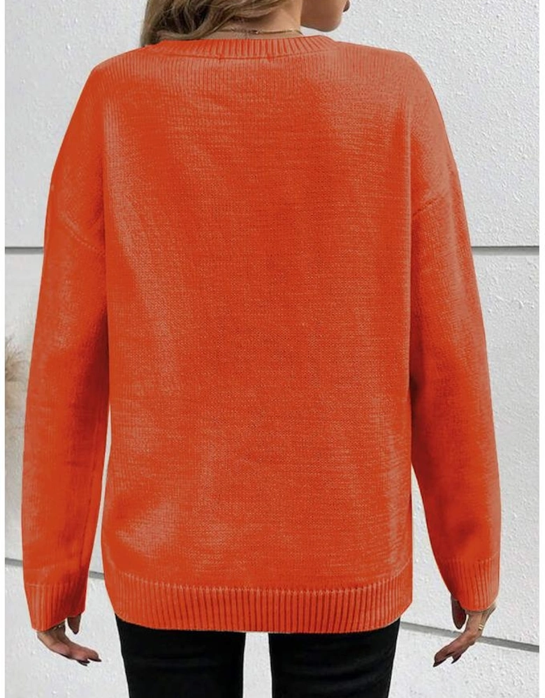Orange Boo Knitted Pattern Ribbed Edge Drop Shoulder Sweater