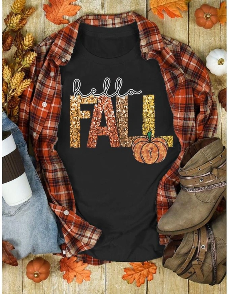Black Hello Fall Letter Pumpkin Printed Thanksgiving T Shirt