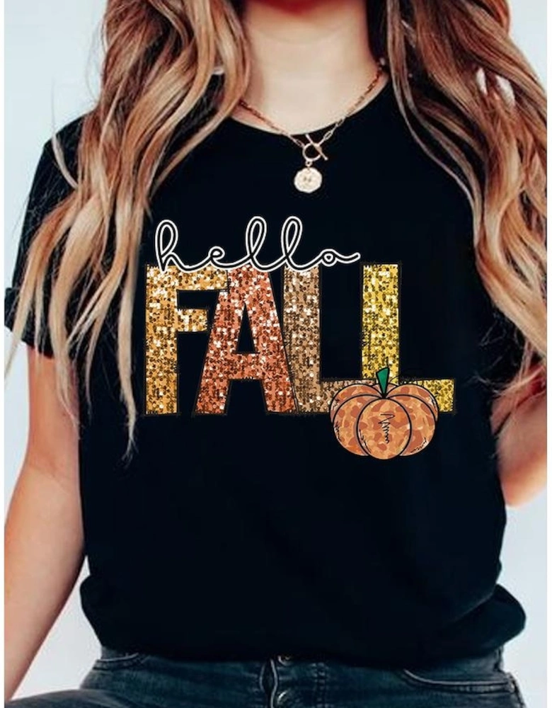 Black Hello Fall Letter Pumpkin Printed Thanksgiving T Shirt