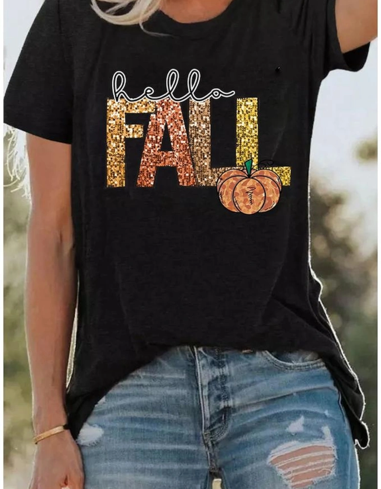Black Hello Fall Letter Pumpkin Printed Thanksgiving T Shirt