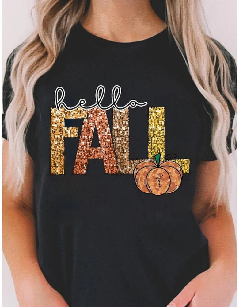 Black Hello Fall Letter Pumpkin Printed Thanksgiving T Shirt