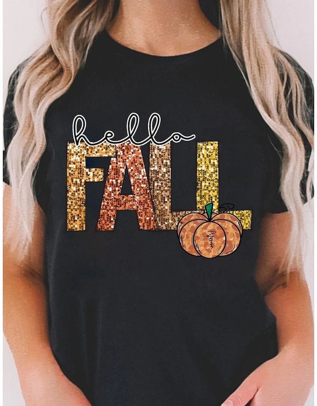 Black Hello Fall Letter Pumpkin Printed Thanksgiving T Shirt