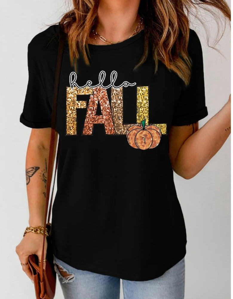 Black Hello Fall Letter Pumpkin Printed Thanksgiving T Shirt