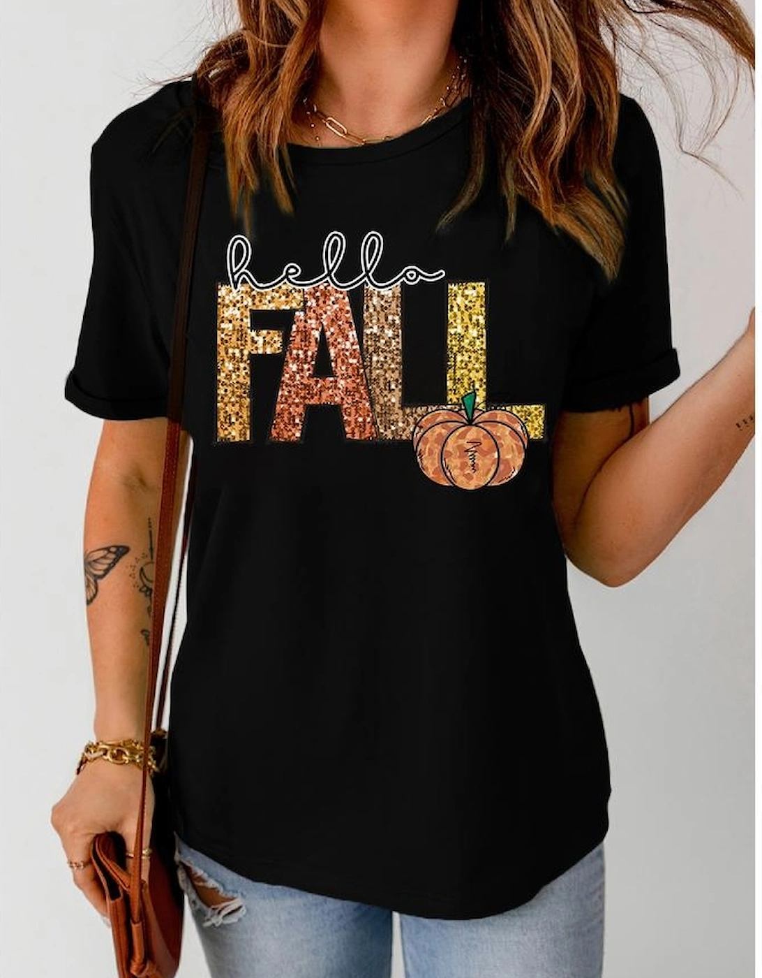 Black Hello Fall Letter Pumpkin Printed Thanksgiving T Shirt