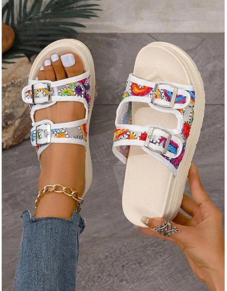 White Crochet Cut Out Buckle Strap Thick Sole Slippers