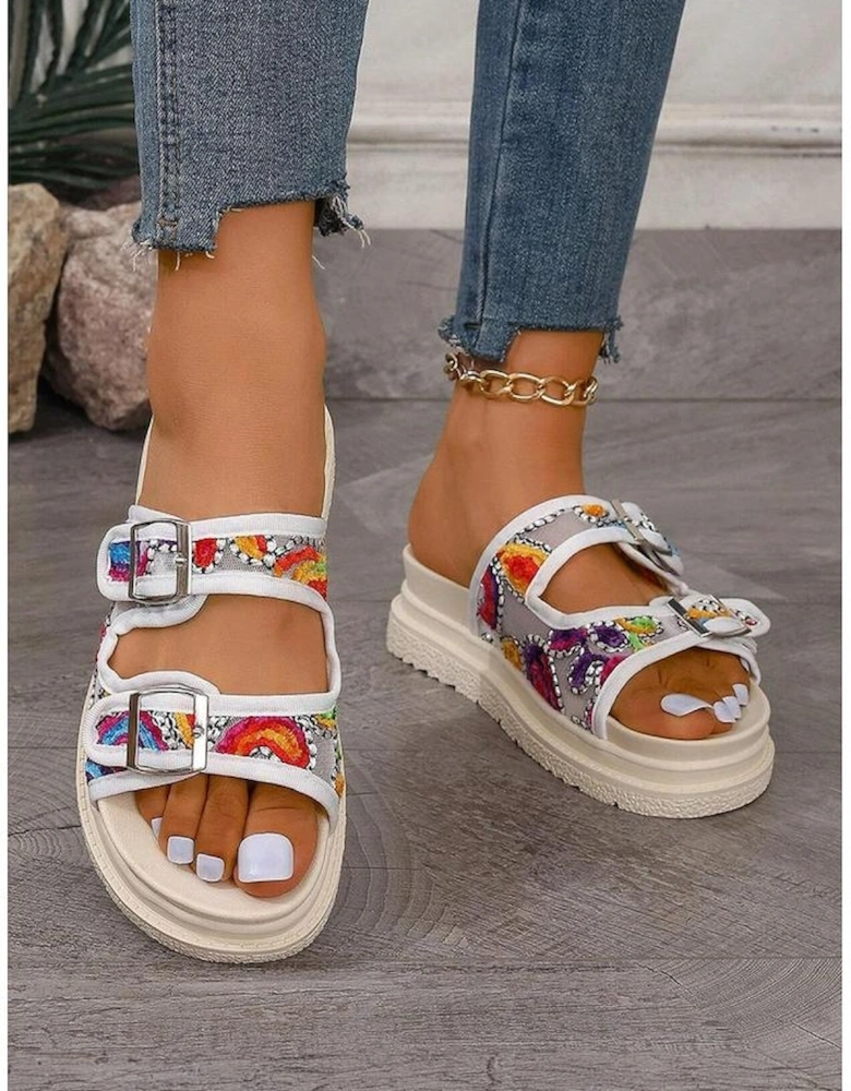 White Crochet Cut Out Buckle Strap Thick Sole Slippers