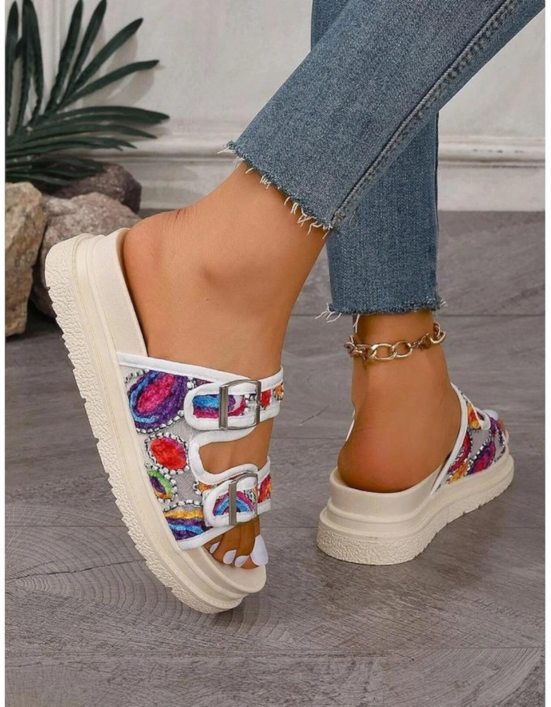 White Crochet Cut Out Buckle Strap Thick Sole Slippers