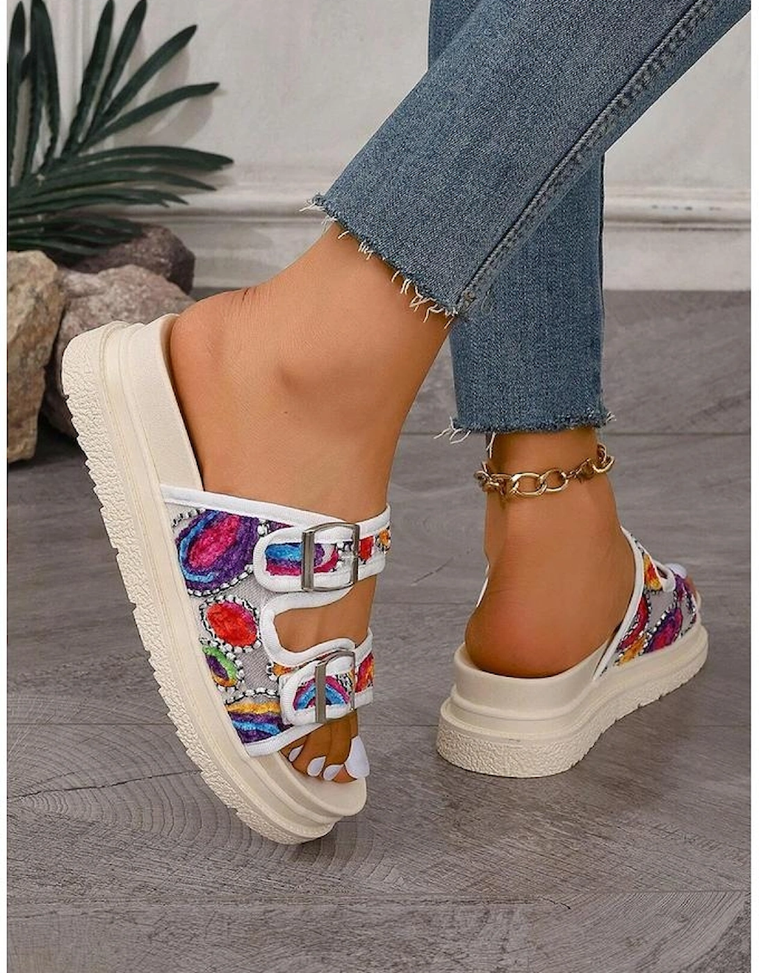 White Crochet Cut Out Buckle Strap Thick Sole Slippers