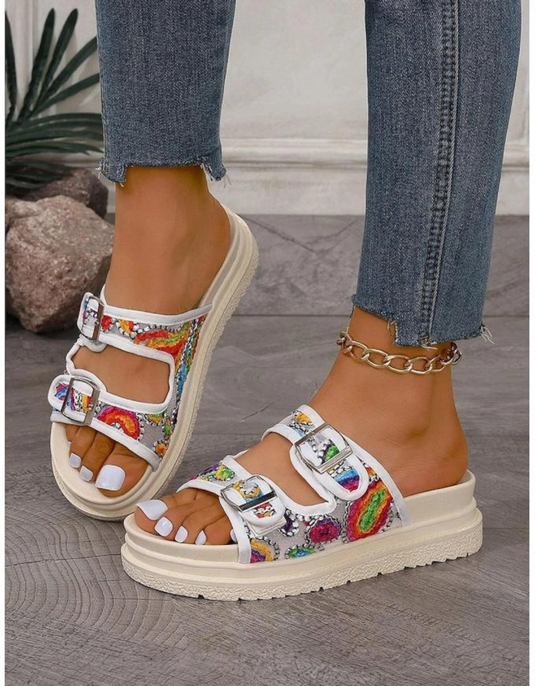 White Crochet Cut Out Buckle Strap Thick Sole Slippers